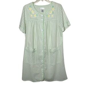 Croft & Barrow Intimates Gingham Nightgown House Dress Floral Embroidered Cotton